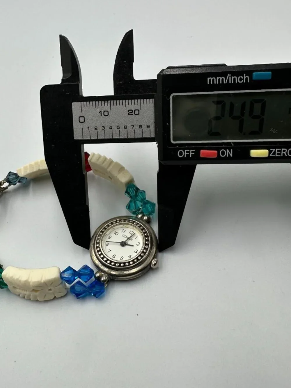 Geneva Watch Women Silver Tone White Carved Beaded Band Toggle Clasp 7.25 Inch